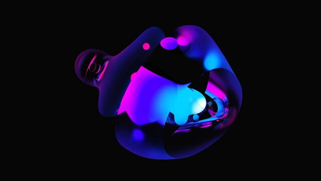 3d render of abstract art of surreal object bubbles balls spheres glass drops water liquid in neon glowing blue purple pink gradient color in transition deformation process on black background