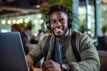 Portrait of happy mixed race male student in headset satisfied with distance education, virtual training, online webinar. College guy studying from home, writing notes, smiling at camera, Head shot