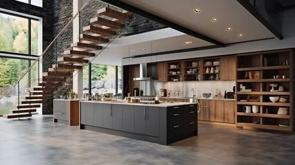 Rolgordijnen Modern open concept home interior kitchen with floating stairs and grey slate floors beamed ceiling and wood cabinets 8k, © Creative artist1