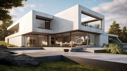 Fototapeta na wymiar Modern Norwegian design house in concrete white with large windows and green lawn 8k,