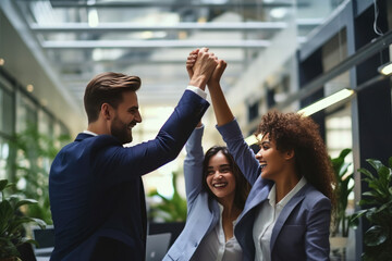 Smiling group of diverse young businesspeople celebrating success and high fiving while working together in a modern office - obrazy, fototapety, plakaty