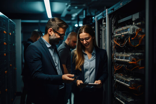 IT Engineer Shows Working Data Center / Server Room to Female Chief Engineer who Holds Tablet Computer.