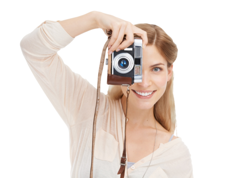 Isolated photographer woman, camera and vintage tech in portrait, creative or art by transparent png background. Girl, photography and journalist job for newspaper, magazine or paparazzi photoshoot