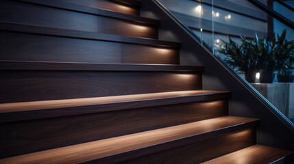 Modern Residential Dark Wooden Stairs with LED Illumination Close Up Photo. Stairs Light. 8k, - Powered by Adobe