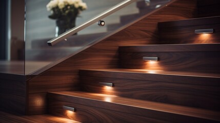 Modern Residential Dark Wooden Stairs with LED Illumination Close Up Photo. Stairs Light. 8k,