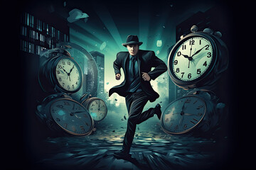 Steal time, productivity or procrastination problem, work efficiency to finish in deadline, strategy or accomplishment concept, burglar thief stealing time clock and run away - obrazy, fototapety, plakaty