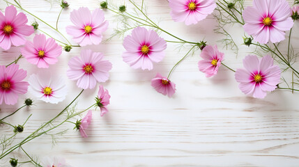  a bunch of pink flowers on a white wooden table with a white background.  generative ai