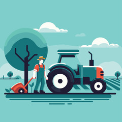 Flat Design Farming: Colorful Tractor and Agriculturist