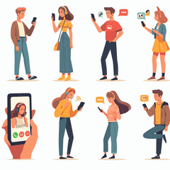 Screen Scene: Young Characters Interacting Through Smartphones in Flat Design
