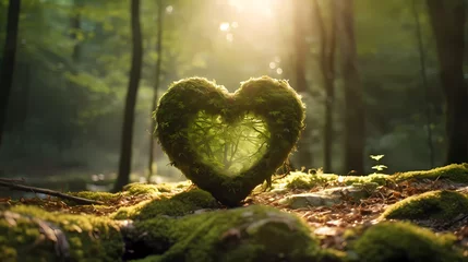 Poster a heart shaped mossy object in the middle of a forest floor with trees in the background and a sunbeam © junaid