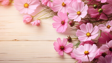  a bunch of pink flowers on a wooden table with a white background.  generative ai
