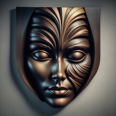  3D rendering of a female head with a beautiful face on a dark background 3D render of a head of an ancient greek greek woman with a golden shield on a black background