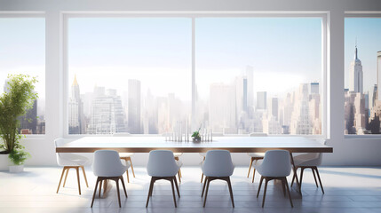 a large room with a long table and chairs in it and a large window with city view outside it