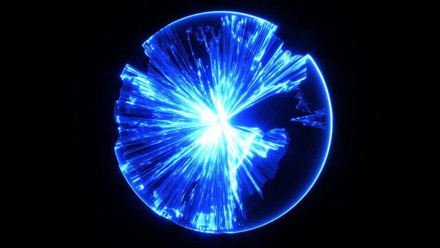 3d render of abstract art video animation with surreal fantasy magic sphere ball with glowing neon blue laser energy core light inside in deformation rotation process on black background
