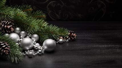 New Year and Christmas background with fir tree branches and sparkles.