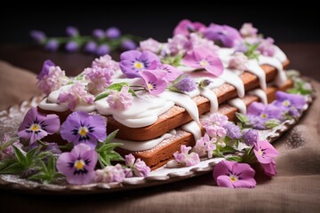 Obraz na płótnie Canvas Delicate gingerbread cookies topped with white frosting and fresh violet flowers. Spring and winter seasons. Christmas and Easter celebration. Design for Mother's Day greeting cards, party invitation 