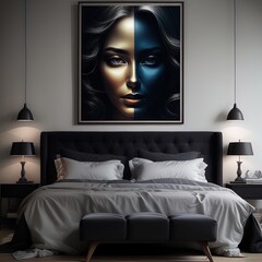 bedroom with a double bed in a dark interiormodern bedroom with blue walls