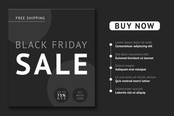 Black Friday Sale banner or landing page vector design. Up to 75% off sale discount. Free shipping all week long offer. Buy now button. Black background. Custom goods list template. Marketing landing