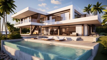 Obraz na płótnie Canvas Modern villa with pool and deck with interior and exterior views 8k,