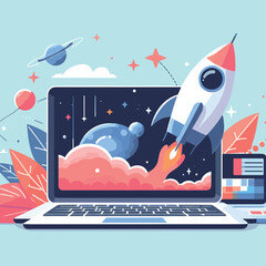 Laptop with Rocket Launch Illustration