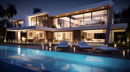 Obraz na płótnie Canvas Modern villa with pool, night scene 8k,