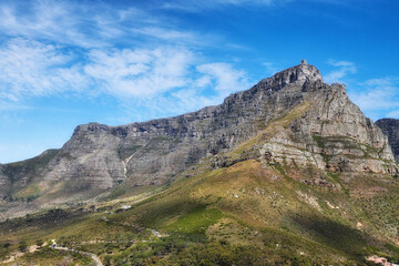 Fototapeta na wymiar Copyspace landscape view of Table Mountain in Cape Town, South Africa. Beautiful scenic popular natural landmark and tourist attraction for hiking and adventure while on a getaway vacation in nature