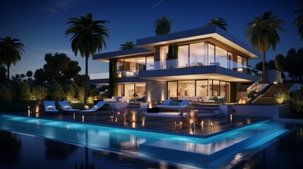 Obraz na płótnie Canvas Modern villa with pool, night scene 8k,