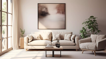 a living room with a couch; chair, table and potted plant in it and a large window