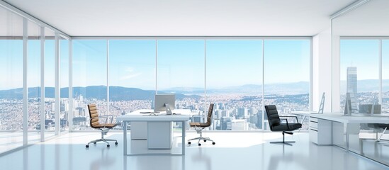 Interior of modern open space office with white tones. AI generated image