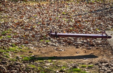 Scenic view of a wooden cradle in a park, covered with dried maple leaves in autumn
