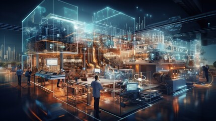 Factory Digitally Computer, Big Data Statistics Visualization technology. AI generated