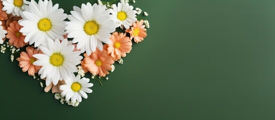 A template for a Mother s Day greeting card that features daisies with white and pink petals heart shaped orange pollen and is viewed from the top with a green background It also includes c