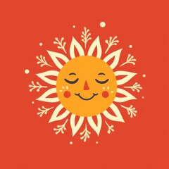 Sun simple illustration on red orange background. Sun with merry face