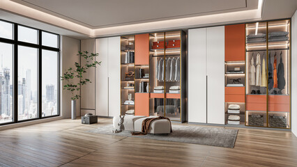 3d rendering dressing room wardrobe cabinet storage interior scene - obrazy, fototapety, plakaty