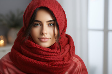 Woman with red hijab looking serene indoors