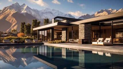 Fototapeta na wymiar Mountains in background of luxury home showcase exterior house with swimming pool 8k,