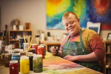 An artist with Down syndrome engaged in their creative work within a studio setting