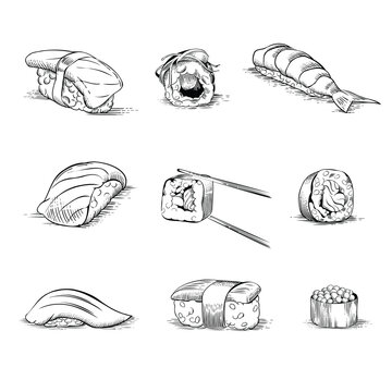 Set of hand drawn sushi and rolls. Vector illustration in line art style