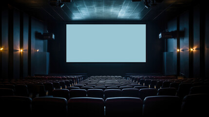 Empty movie theatre. Cinema hall with light screen and chairs.