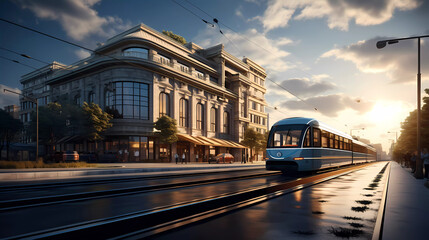 a rendering of a building with a street in front of it and a train track running through the middle of the building - obrazy, fototapety, plakaty