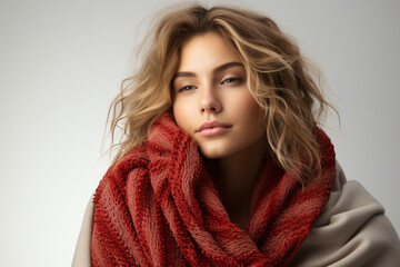 Woman wrapped in red scarf with soft curls