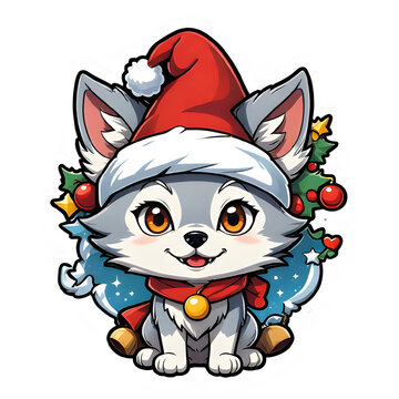 Charming Christmas Sticker with Cartoon Wolf in Hemin Kaminski Hat