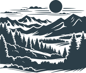 Illustrator-rendered vector stencil of a majestic mountain landscape