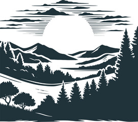 A vector stencil representation of a mountainous scene in Illustrator