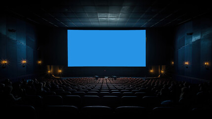 Naklejka premium Empty movie theatre. Cinema hall with light screen and chairs.