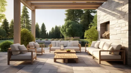 Fotobehang New modern home features a backyard with covered patio accented with stoned pillars and furnished with gray wicker sofa placed on concrete floor © Creative artist1