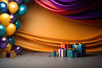 Birthday card with colorful balloons and gift boxes on decorative clothes background