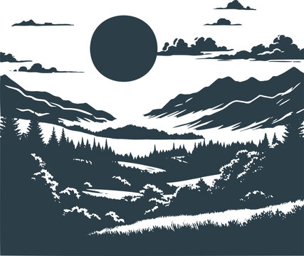 A vector stencil landscape of mountains, created using Illustrator