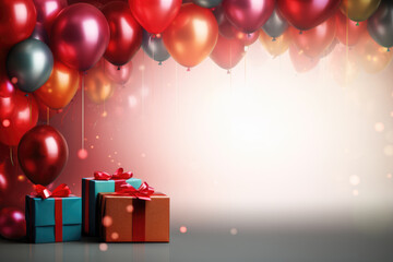 Birthday card with red and orange colorful balloons and gift boxes