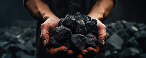 black coal in man hands, heavy industry cocept with raw heat materials. - obrazy, fototapety, plakaty